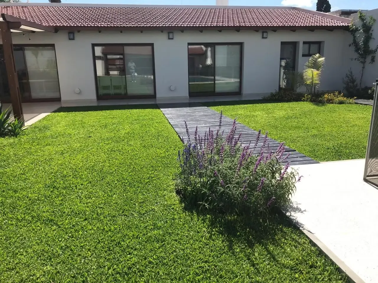 Césped recién colocado frente a una casa