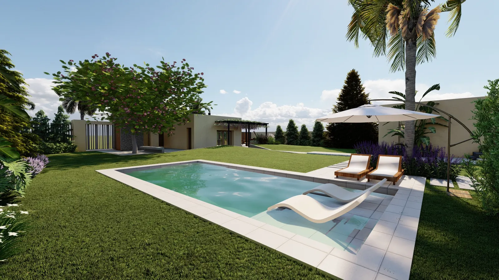 Render 3D de un proyecto con pileta y jardín