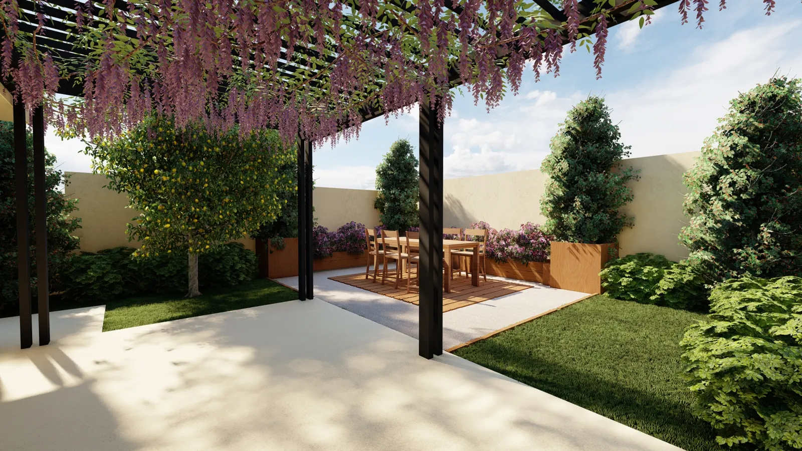 Render 3D de una galería con pérgola